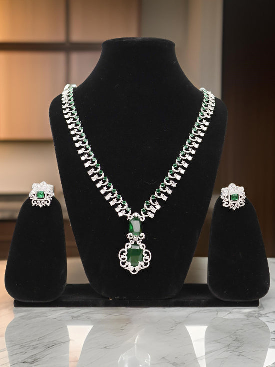 Silver Plated Green AD Necklace Set-0